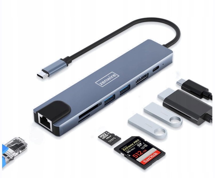 ADAPTER HUB 8w1 USB-C DisplayPort 8K 4K 144Hz RJ45 SD Zenwire BYL-2311 - zdjęcie 2